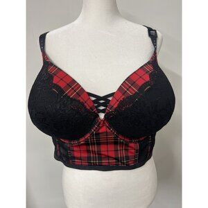 Torrid 46 DD XO Boost Plunge Push-Up Bra Scottish Black Lace & Red Tartan Plaid